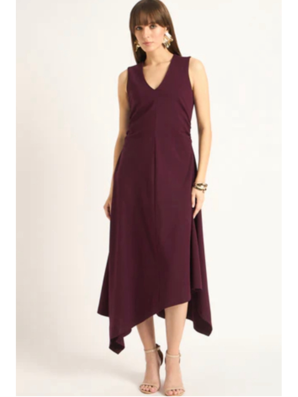 Socialite Shirred Waist Sleeveless Asymmetric Midi Dress|Large|Fig|NWT|